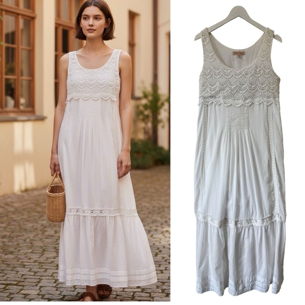 Alberta Ferretti Impulse Maxi Dress Y2k Scalloped Lace White Shabby Chic Boho 12